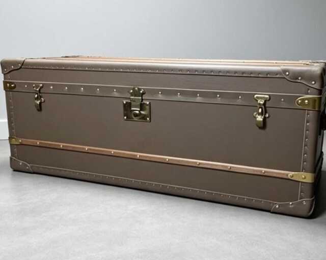 Handmade Taupe Leather Storage Trunk Coffee Table - Brass Banded Vintage Style Furniture - image 1