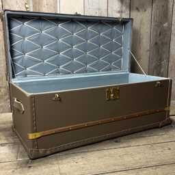 Handmade Taupe Leather Storage Trunk Coffee Table - Brass Banded Vintage Style Furniture - thumbnail 2
