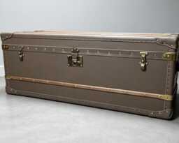 Handmade Taupe Leather Storage Trunk Coffee Table - Brass Banded Vintage Style Furniture - thumbnail 1