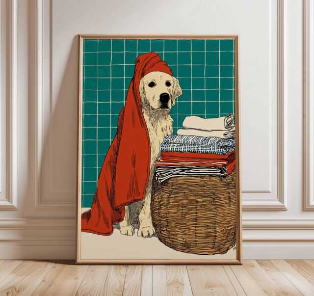 Labrador Wall Art Print, Golden Retriever Dog Poster, Cute Pet Bath Illustration, Bathroom Decor Artwork, Lover Gift - image 1
