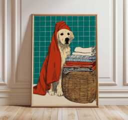 Labrador Wall Art Print, Golden Retriever Dog Poster, Cute Pet Bath Illustration, Bathroom Decor Artwork, Lover Gift - thumbnail 1