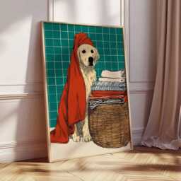 Labrador Wall Art Print, Golden Retriever Dog Poster, Cute Pet Bath Illustration, Bathroom Decor Artwork, Lover Gift - thumbnail 2