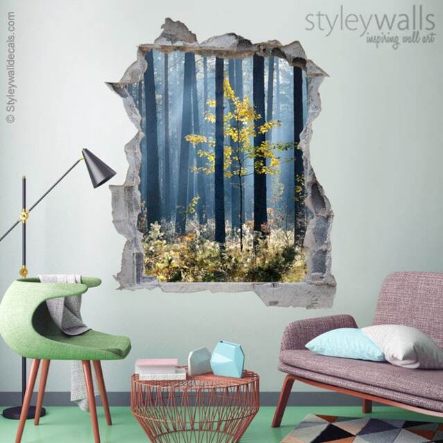 Forest Wall Decal Mural, Trees Hole in The 3D Effect Sticker, Decal, Broken Mural Home Decor