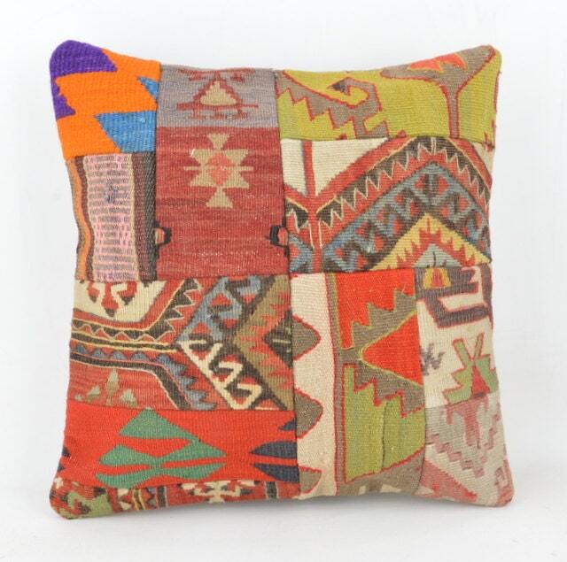 Kilim Pillow Patchwork Wool , Front Side Patchwork Unico, 40x40 cm .16x16Inc , Kilim Cover, Home D??cor , Throw Decorative - image 1