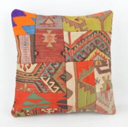 Kilim Pillow Patchwork Wool , Front Side Patchwork Unico, 40x40 cm .16x16Inc , Kilim Cover, Home D??cor , Throw Decorative - thumbnail 1