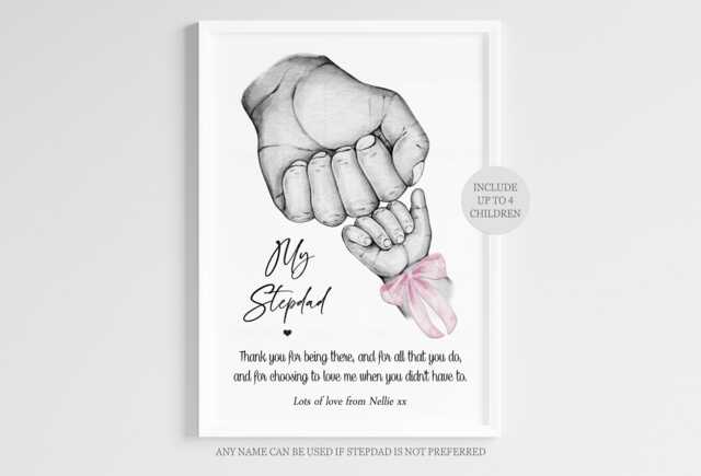 Personalised Family Step Dad's Team Print Fist Hands Up To 4 Children Only Unframed Boy Girl Bow Blue Pink Father's Day Present Gift Daddy - image 1