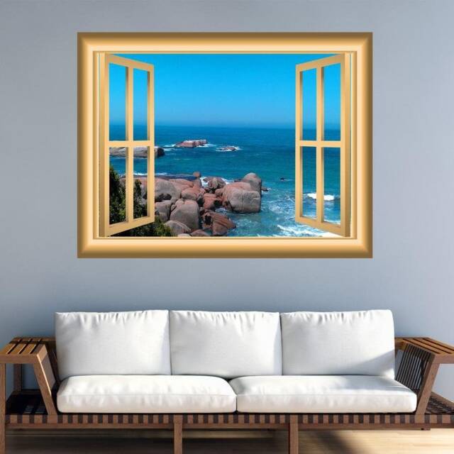 Ocean Scene 3D Window Frame Family Wall Art Vinyl Decal Rocky Beach Peel & Stick Mural Nw84 - image 1