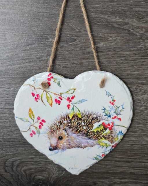 Hedgehog Slate Heart Wall Hanging - Rustic Woodland Decor With Winter Berries - image 1
