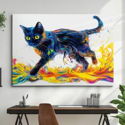Abstract Cat Wave Rainbow Paint Splash Painting Framed Canvas Wall Decor Art Poster Print, Home Interior Gift Ideas - thumbnail 1