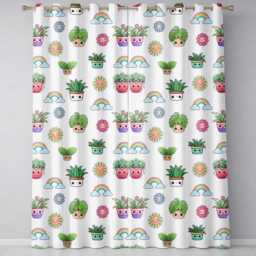 Cute Kawaii Pink Flower Pot Smiling Face Floral Seamless Pattern Readymade Eyelet Ring Top Thermal 100% Blackout Curtains - thumbnail 2