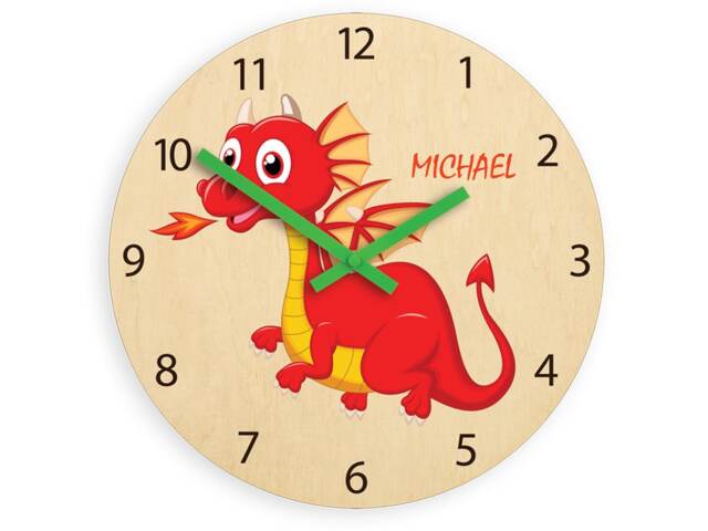 Children Wall Clock - Dragon With Personalizen Name, Wooden Clock, Numbers, Gift, Funny Kids Boy - image 1
