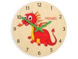 Children Wall Clock - Dragon With Personalizen Name, Wooden Clock, Numbers, Gift, Funny Kids Boy
