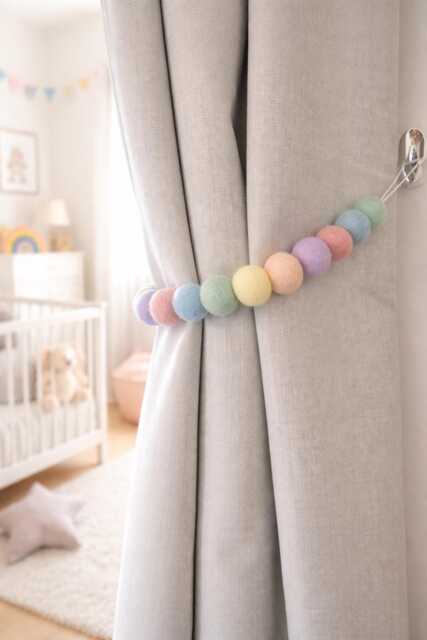 Pastel Rainbow Felt Ball Curtain Tie Backs, Handmade 100% Wool , Baby Shower Gift - image 1