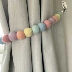 Pastel Rainbow Felt Ball Curtain Tie Backs, Handmade 100% Wool , Baby Shower Gift - thumbnail 2