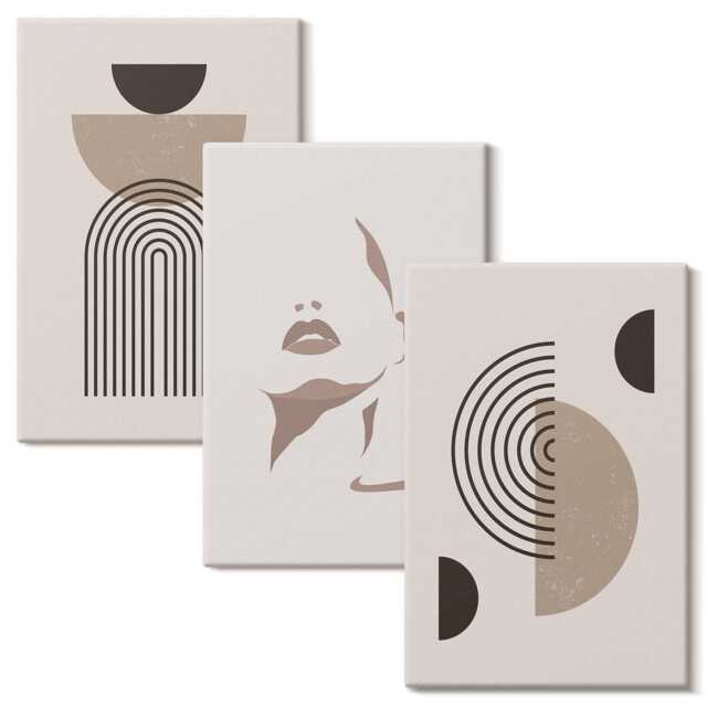 Canvas Wall Art Set Of 3 - Geometric Forms & Facial Silhouette, Brown Art, Abstract Hanging Piece - image 1