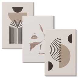 Canvas Wall Art Set Of 3 - Geometric Forms & Facial Silhouette, Brown Art, Abstract Hanging Piece - thumbnail 1