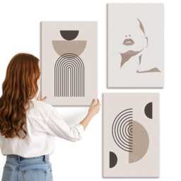 Canvas Wall Art Set Of 3 - Geometric Forms & Facial Silhouette, Brown Art, Abstract Hanging Piece - thumbnail 2