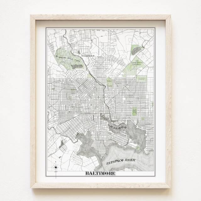Baltimore Map Hand-Drawn 1887 Street Maryland City Drawing - Art Print Custom Heart Wedding Anniversary Moving Realtor Gift - image 1