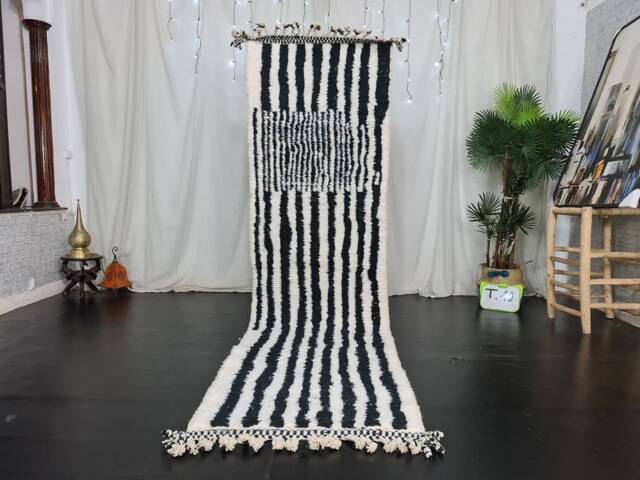 Cute Beniourain Runner , Handmade Checkered Runner Rug, Authentic Moroccan Striped Black & White Runner, Berber Rug - image 1