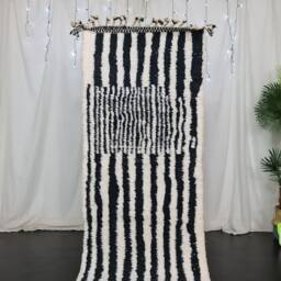 Cute Beniourain Runner , Handmade Checkered Runner Rug, Authentic Moroccan Striped Black & White Runner, Berber Rug - thumbnail 2
