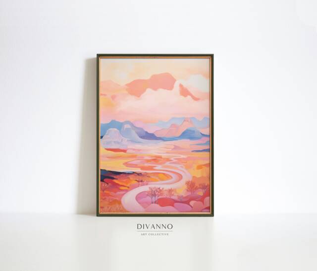 Pastel Landscape Art Print, Abstract Pink Painting Wall Art, Contemporary Minimalist Digital Colourful Mountain Canvas Decor, Gift - image 1