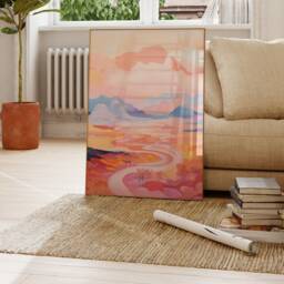Pastel Landscape Art Print, Abstract Pink Painting Wall Art, Contemporary Minimalist Digital Colourful Mountain Canvas Decor, Gift - thumbnail 3
