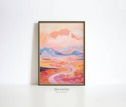 Pastel Landscape Art Print, Abstract Pink Painting Wall Art, Contemporary Minimalist Digital Colourful Mountain Canvas Decor, Gift - thumbnail 1
