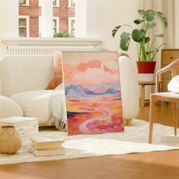 Pastel Landscape Art Print, Abstract Pink Painting Wall Art, Contemporary Minimalist Digital Colourful Mountain Canvas Decor, Gift - thumbnail 2