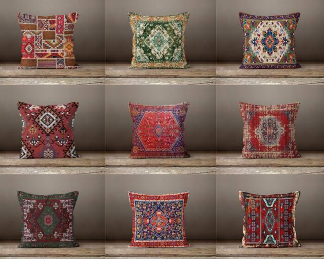 Kilim Ethnic Print Cushion Cover-Traditional Rug Design Pillow Case-Authentic Home Decoration-Anatolian Turkish, Farmhouse Geometric Style - image 1