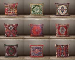 Kilim Ethnic Print Cushion Cover-Traditional Rug Design Pillow Case-Authentic Home Decoration-Anatolian Turkish, Farmhouse Geometric Style - thumbnail 1