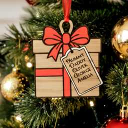 Personalised Wooden Gift Box Ornament, With Name Tag. Custom Christmas Present Decoration