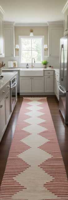 Handwoven Kilim Runner Rug Red & Cream Geometric Wool Carpet, Boho Bedroom Decor - image 1