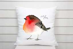 Personalised Robin Cushion - Watercolour Bird Pillow, Remembrance Gift, Custom in Loving Memory Pillow - thumbnail 1