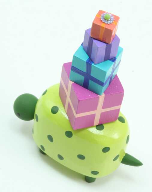 Turtle With A Pile Of Presents - Christmas Decoration Birthday Cake Topper Folk Art Wood Turtle Sculpture - image 1