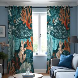 Teal Coral Reef Curtains, Ocean Fish & Sea Plant Print Drapes, Custom Size Marine Panels For Beach House Or Playroom Decor