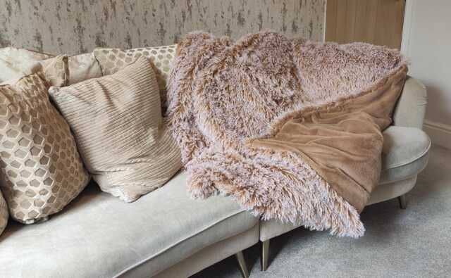 Handmade Mongolian Faux Fur Throw Tan & White, Oatmeal Lining - image 1