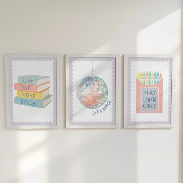 Girls Prints Set Of 3 - Pastel Coloured Books, Disco Ball & Crayons Wall Art For Kids Bedroom Or Playroom Available Framed Unframed - image 1