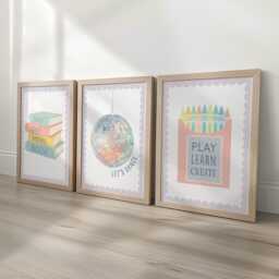 Girls Prints Set Of 3 - Pastel Coloured Books, Disco Ball & Crayons Wall Art For Kids Bedroom Or Playroom Available Framed Unframed - thumbnail 2