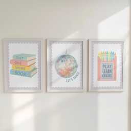 Girls Prints Set Of 3 - Pastel Coloured Books, Disco Ball & Crayons Wall Art For Kids Bedroom Or Playroom Available Framed Unframed - thumbnail 1