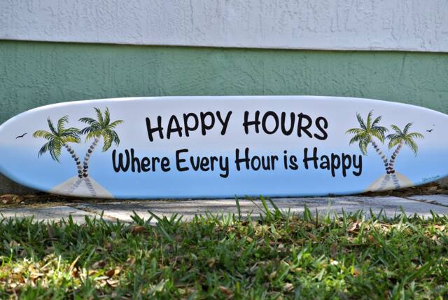Happy Hour Sign. Surfboard Decor For Beach House, Pool Deck Outside. Wall Art. Christmas Gift Idea - image 1
