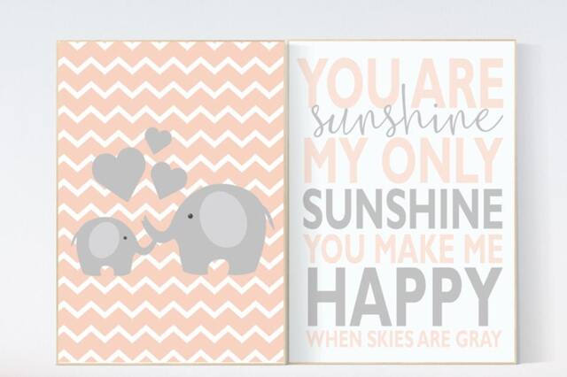 Coral Elephant Nursery Art Print You Are My Sunshine Decor - image 1