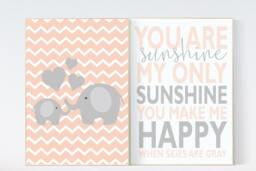 Coral Elephant Nursery Art Print You Are My Sunshine Decor - thumbnail 1
