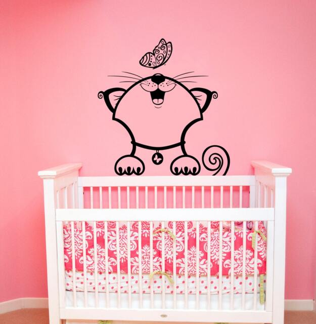 Funny Cat Wall Decal Vinyl Sticker With Butterfly Murals Childrens Kids Room Interior Nursery Decor - 2Nry3 - image 1