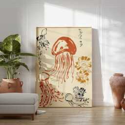 Japanese Jellyfish Art Print - Minimalist Ocean Wall Vintage Sea Life Poster Red & Gold Marine Illustration - thumbnail 3