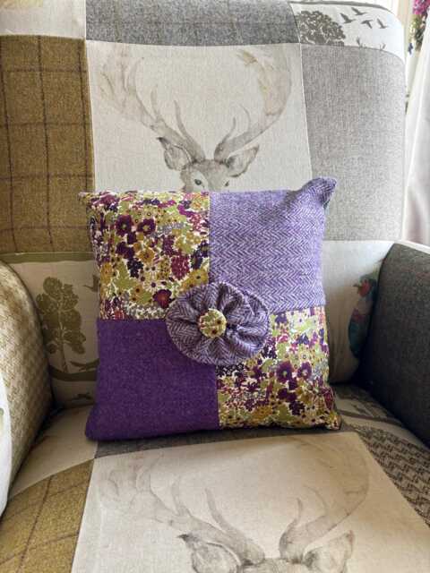 Harris Tweed Cushion, With Liberty Fabric Panels. Purple & Green - image 1