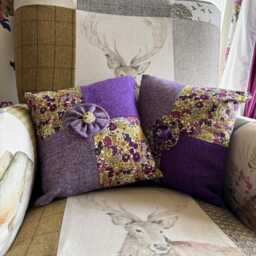 Harris Tweed Cushion, With Liberty Fabric Panels. Purple & Green - thumbnail 2