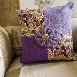 Harris Tweed Cushion, With Liberty Fabric Panels. Purple & Green - thumbnail 3