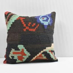 "Turkish Kilim Pillow Cover Handwoven Wool Home Decor - 15.4"" X 15.4" - thumbnail 3