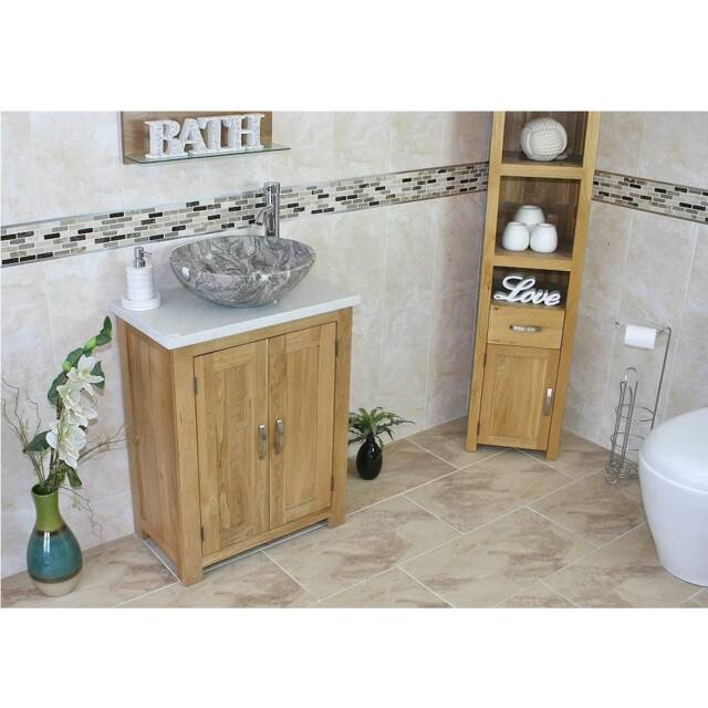 Bathroom Vanity Unit - Solid Oak With White Quartz Top & Stone Basin 310Wqsbc - image 1