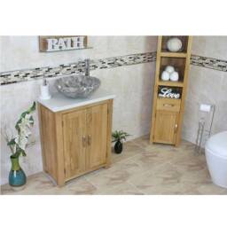 Bathroom Vanity Unit - Solid Oak With White Quartz Top & Stone Basin 310Wqsbc
